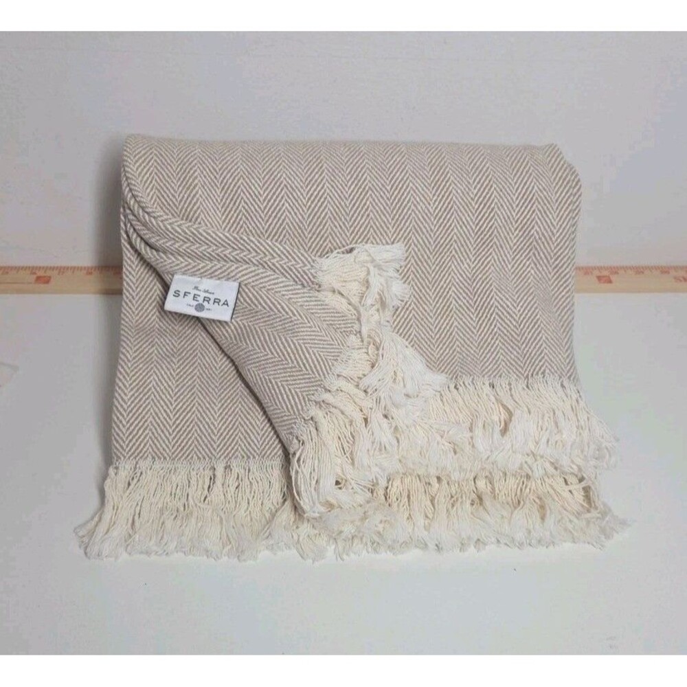 SFERRA Celine Herringbone Beige 100% Cotton Throw Blanket Quiet Luxury Portugal